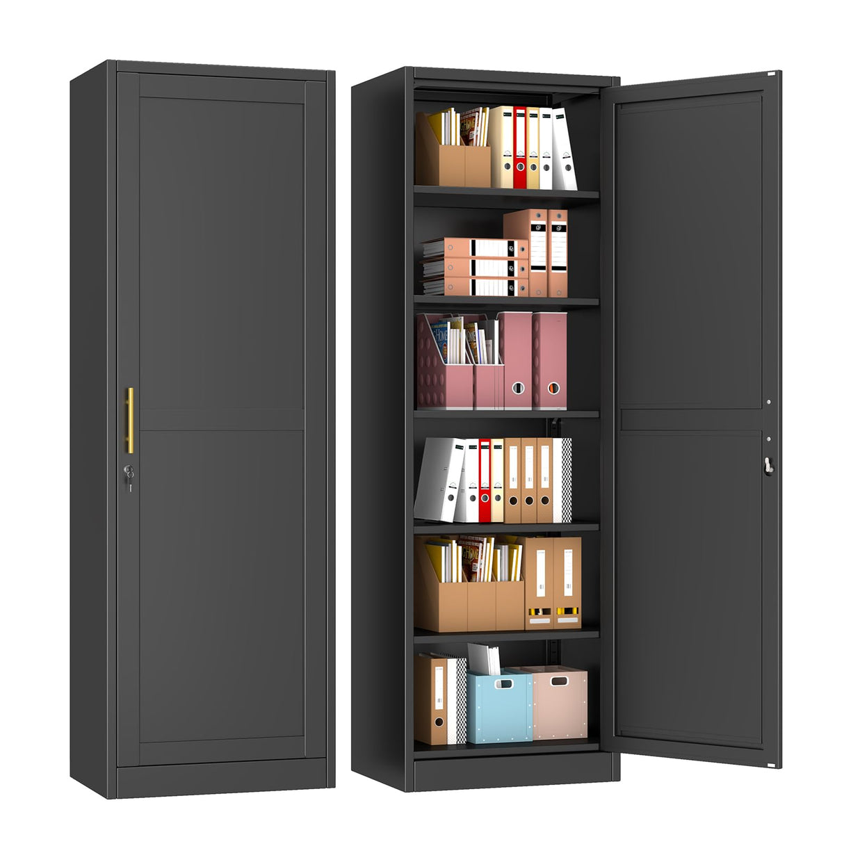 pozdeg 67" Metal Storage Cabinet with Lock, Tall Narrow Office File Cabinets with 5 Adjustable Shelves, Metal Steel Locker for Home, School, Office, Garage or Gym (Black) pozdeg