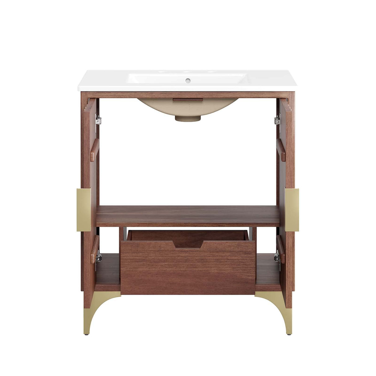 Modway Daylight Bathroom Vanity Cabinet with Ceramic Sink Basin, 30 Inch, White Walnut Modway