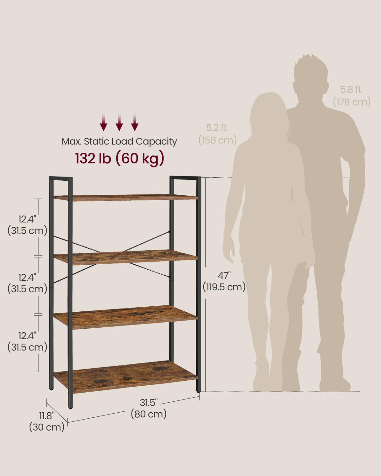 VASAGLE 4-Tier Tall Bookshelf, Large Bookcase with Steel Frame, Deep Book Shelf for Living Room, Home Office, Study, 11.8 x 31.5 x 47 Inches, Industrial Style, Honey Brown and Black ULLS140K01