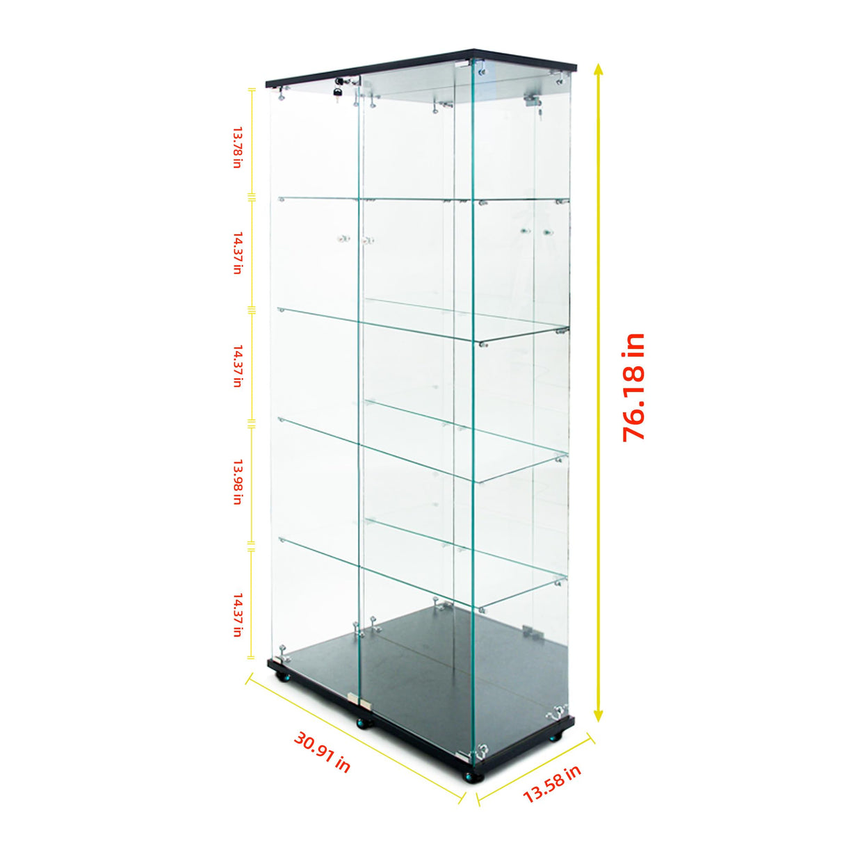 Glass Display Cabinet with LED Lights,Mirrored Back, 2 Doors 4-Tiers Curio Cabinets with Lock&Wheels, Floor Standing Glass Bookshelf Collectibles Toys Display Case for Living Room Office, Black Goujxcy