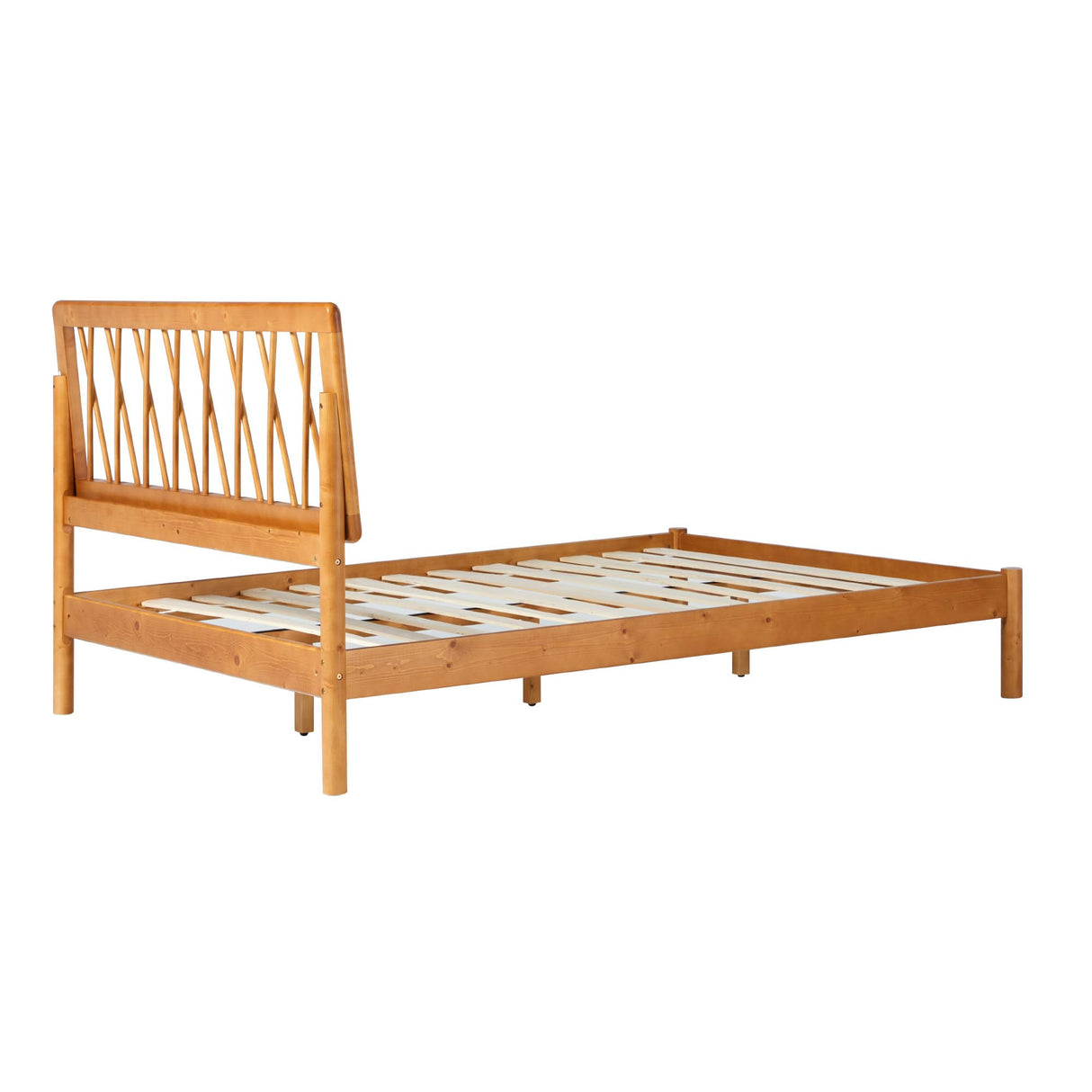 Walker Edison Queen Transitional Geometric X Pattern Headboard Solid Wood Bed, Queen Size, Caramel Walker Edison