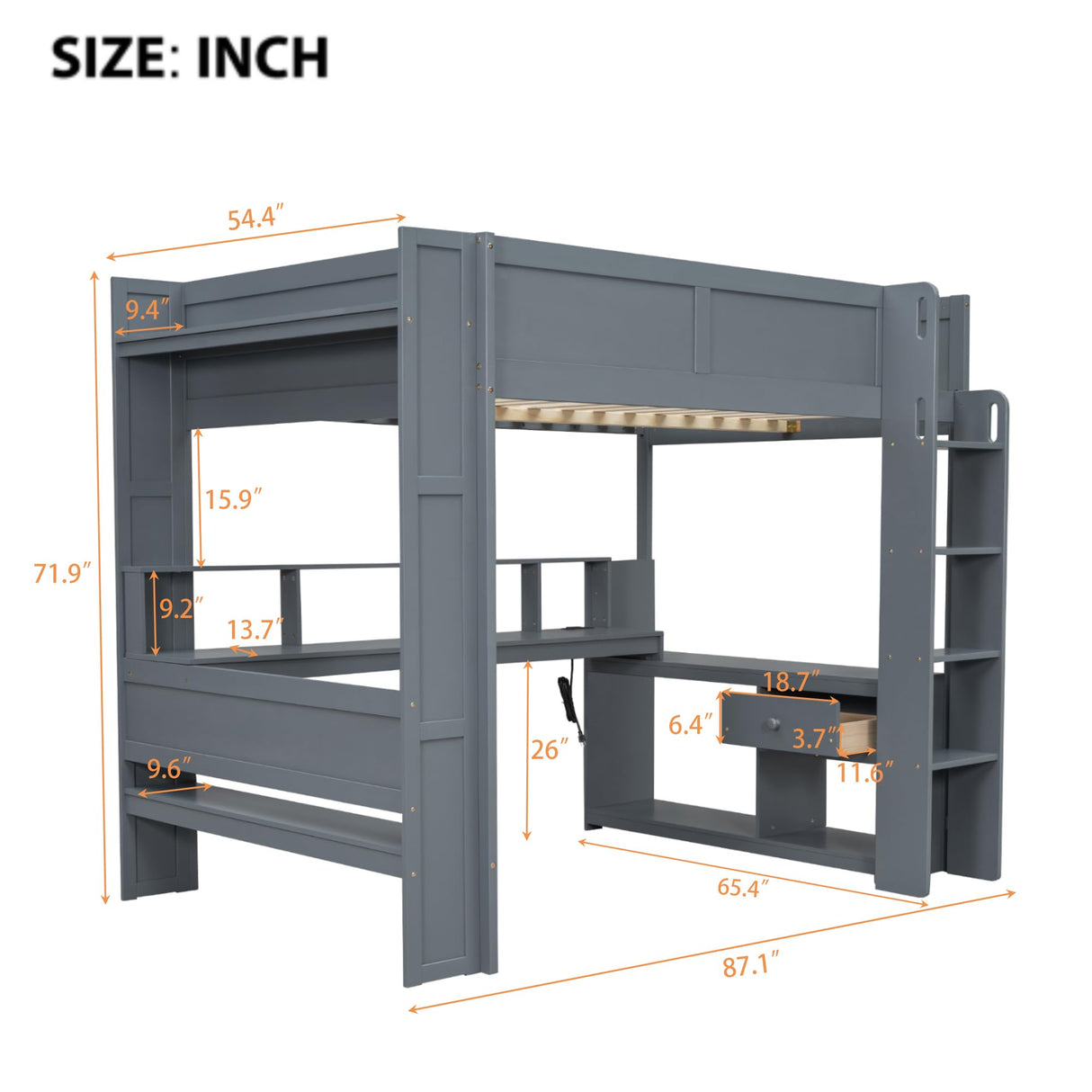 Wood Full Size Gaming Loft Bed with Desk, Multifunctional Gaming Bed with Multi-Storage Shelves, LED and Charging Station, Guardrail and Ladder, High Loft Bedframe for Teens Adults, Dark Gray Janusline