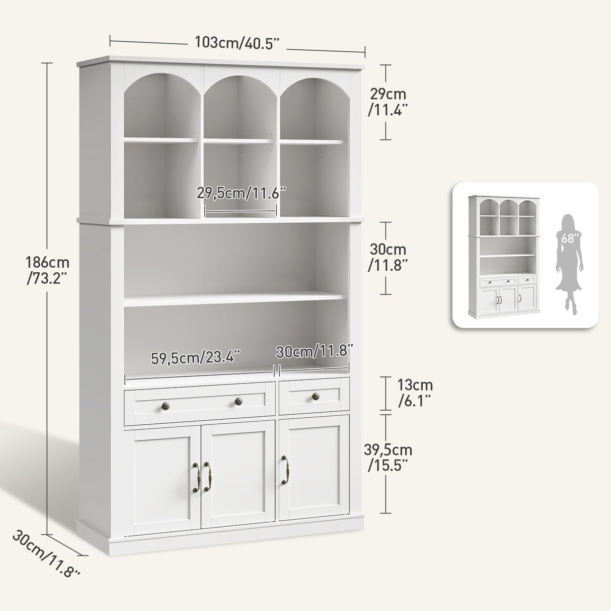 RALGEND 73.2" Tall Farmhouse Arched Bookshelf with Drawer and Door, 6 Tier Mid Century Modern Book Shelf and Bookcase with Storage, Floor Standing Display Cabinet for Living Room, Home Office, White RALGEND