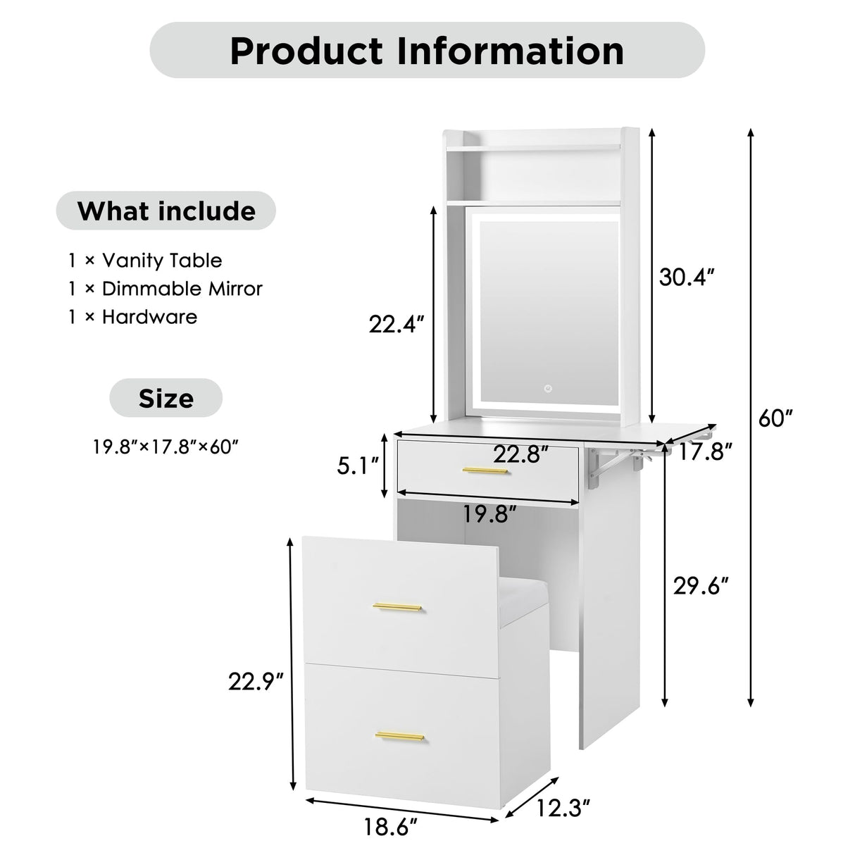 LUMISOL Small Makeup Vanity with Mirror and Light, Makeup Vanity Desk with Charging Station & Fold-up Shelf for Small Space, 3 in 1 Compact Makeup Vanity Set with Hidden Stool, Dressing Table, White LUMISOL