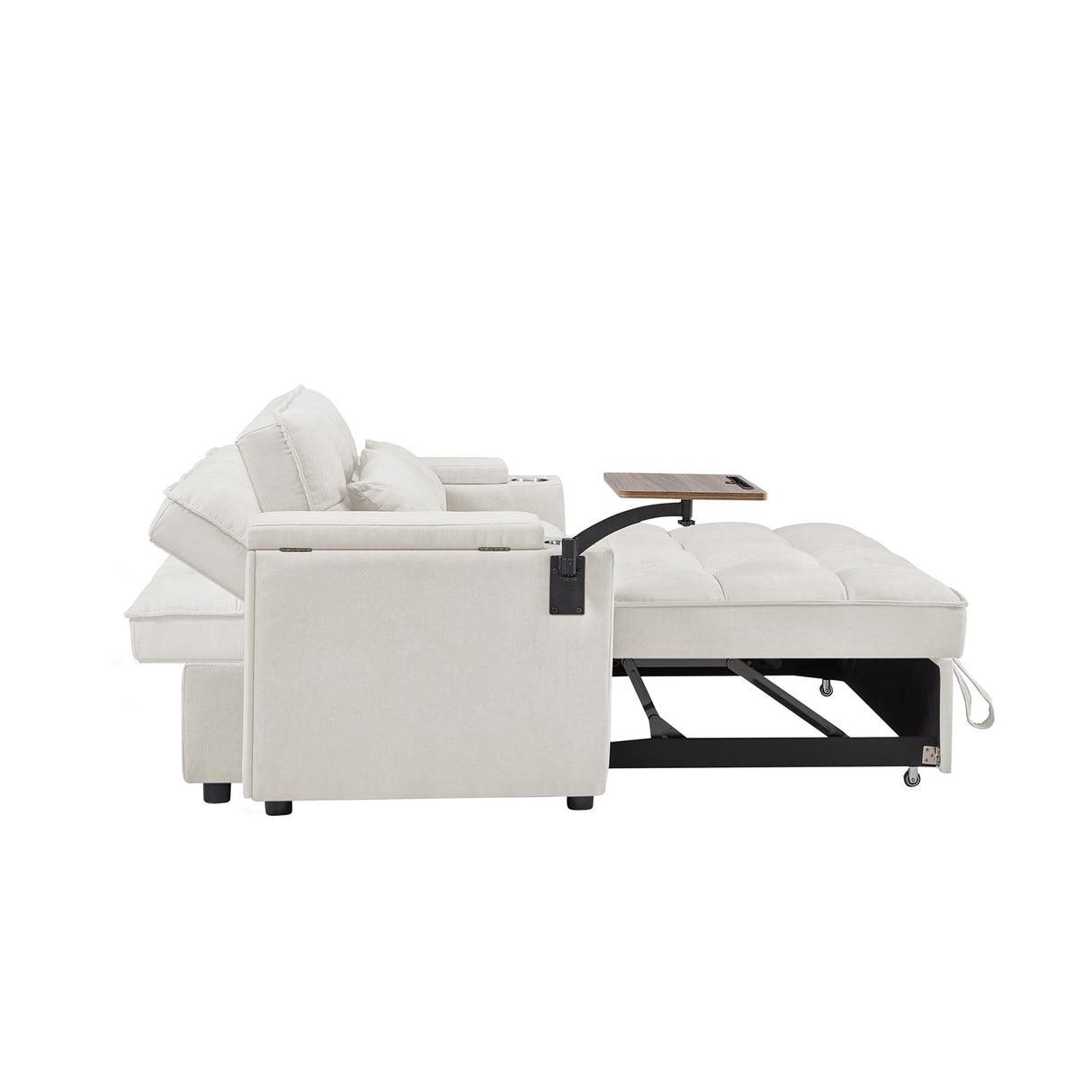 hansones 65'' 3-in-1 Convertible Sleeper Queen Sofa Modern Chenille Fabric Sofa Pullout Sofa 360 Degree Swivel Side Table, Easy to Assemble, for Living Room (White) hansones