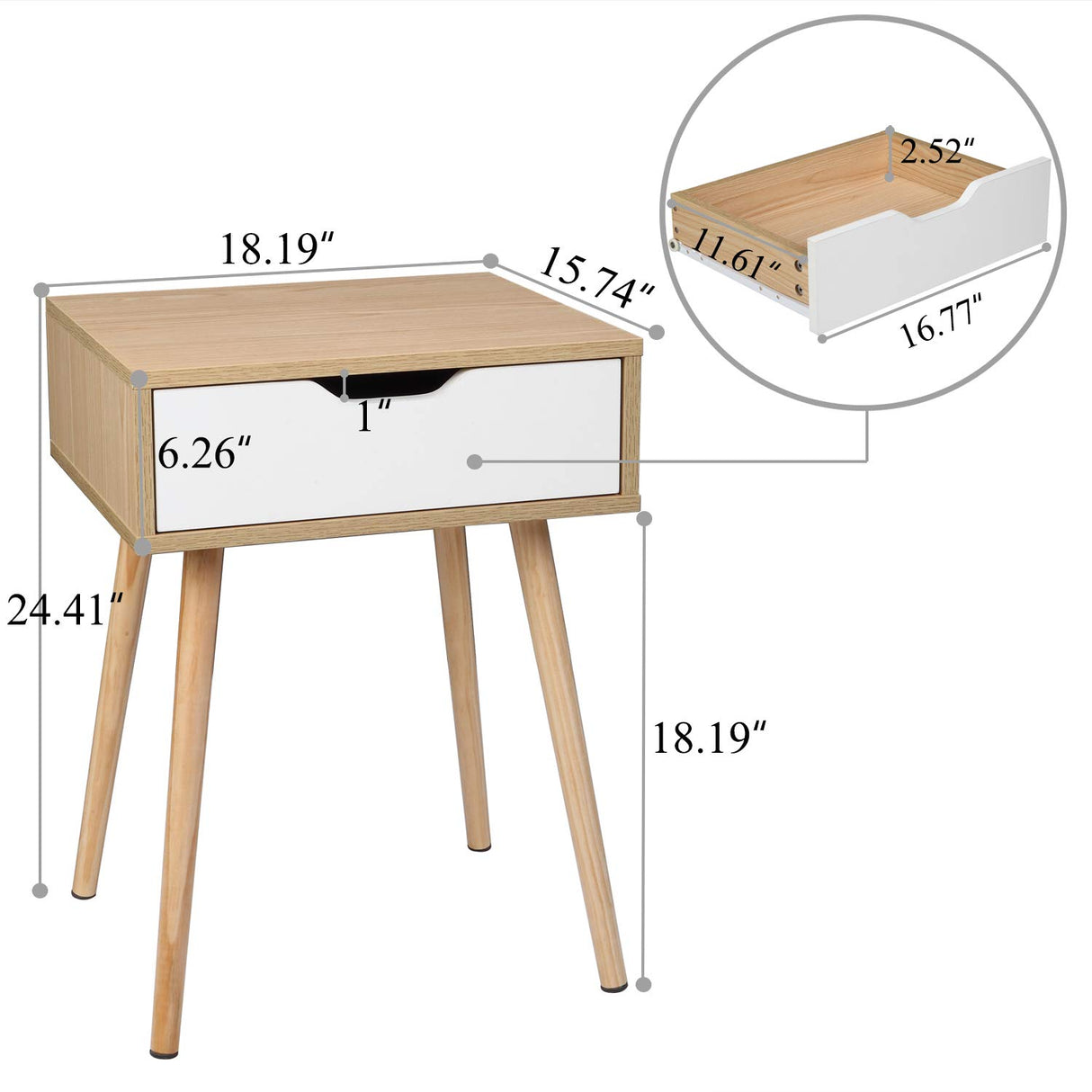 Bonnlo White & Nature Wood Nightstand End Side Table with Drawer & Solid Wood Legs for Living Room, Bedroom, Small End Side Table Bed Side Tables/Night Stands for Small Spaces, 18.2x15.7x24.4in Bonnlo