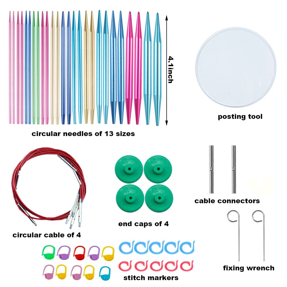 Weabetfu 60pcs Interchangeable Circular Knitting Needles Set with Case 13 Pairs of Aluminum Circular Knitting Needle for Handmade DIY Knitting with Knitting Accessories,(2.75mm-10mm) Weabetfu