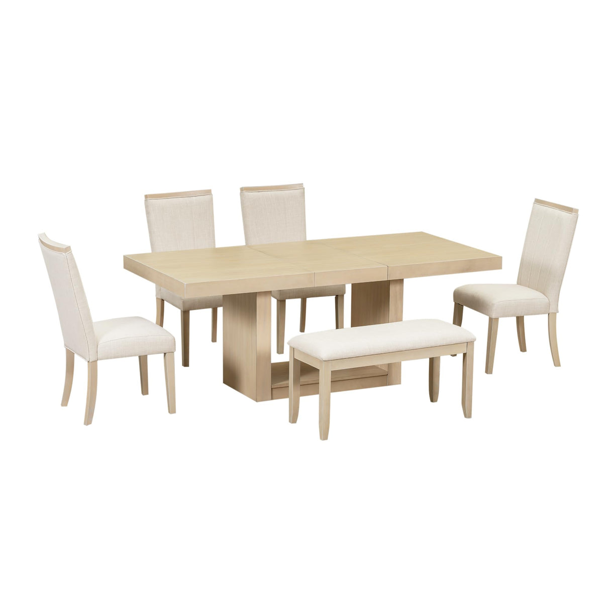 Merax 78 Inch Extendable Dining Table Set with 18inch Removable Leaf, Wood 6-Piece Dining Table Set with 4 Upholstered Dining Chairs & 1 Dining Bench, Natural Merax
