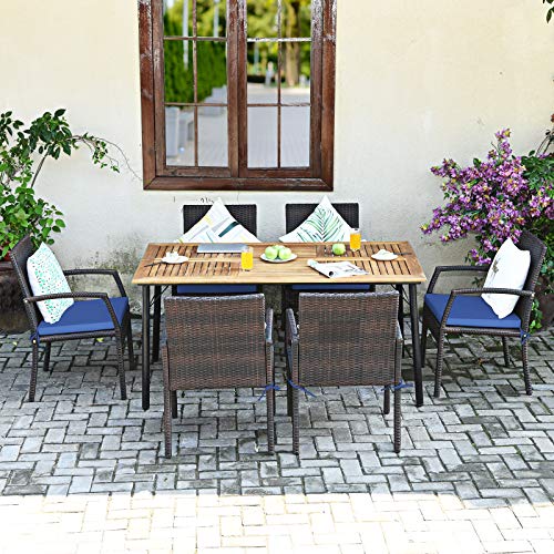 Tangkula 7 Pieces Patio Dining Set, Acacia Wood Wicker Dining Furniture Set with Sturdy Steel Frame & Umbrella Hole, Outdoor Dining Table Chair Set with Removable Cushions for Backyard, Garden Tangkula