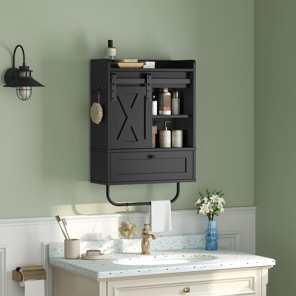 MAHANCRIS Bathroom Wall Cabinet, Farmhouse Medicine Cabinets with Sliding Door, Wall Mounted Storage Cabinet with Adjustable Shelf and Towel Bar, for Bathroom, Living Room, Kitchen, Black MAHANCRIS