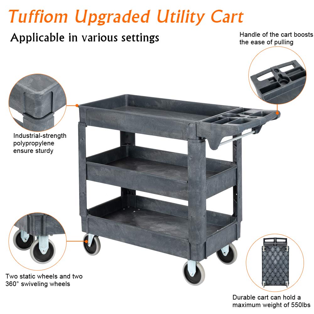 TUFFIOM Plastic Service Utility Cart with Wheels, 550lbs Capacity, Heavy Duty Tub W/Deep Shelves, Multipurpose Rolling 3-Tier Mobile Storage TUFFIOM