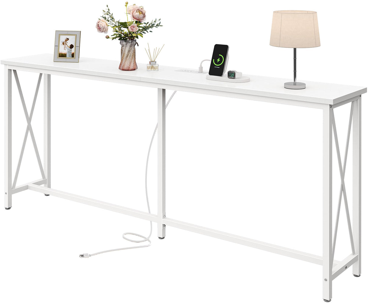 SUPERJARE 70 Inch Console Table with 2 Outlets, 1 Type-C and 1 USB Port, Extra Long Entryway Table with Metal Frame and X-Shaped Bars, Narrow Sofa Table for Living Room, Hallway, White SUPERJARE
