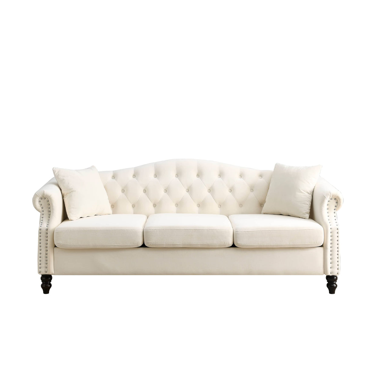 79" Chesterfield Sofa Couch for 3, Velvet 3 Seater Tufted Couch Chesterfield 3 Person Sofa with Two Pillows, Nailhead & Rolled Arms and Curved Backrest for Living Room (Beige) Bellemave