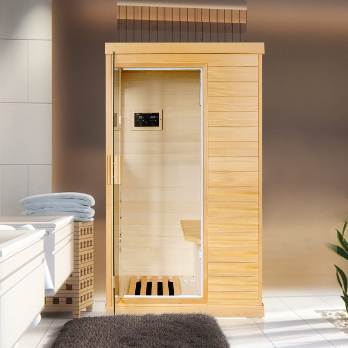 OUTEXER Far Infrared Sauna Home Sauna Spa Room Low-EMF Canadian Hemlock Wood 800W Indoor Saunas with Control Panel and Tempered Glass Door, Room:35.2 * 27.6 * 61.6Inch OUTEXER