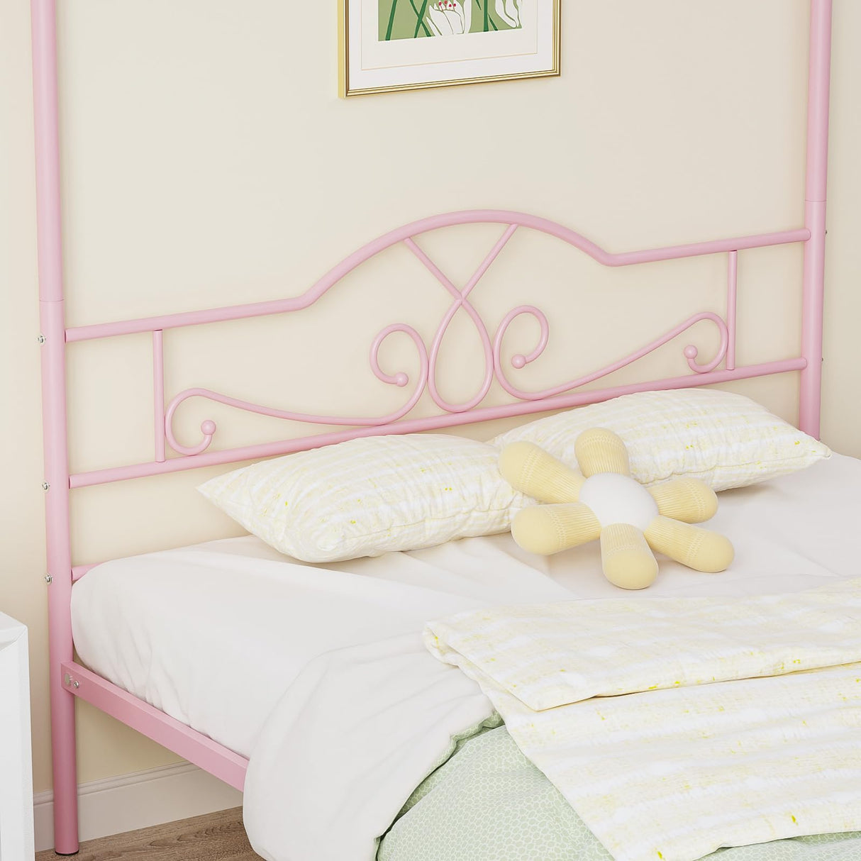 Weehom Full Canopy Bed Frame with Headboard and Footboard, Four-Poster Metal Canopied Platform Bed Mattress Foundation Underbed Storage Space No Box Spring Needed for Girls Adults Pink Weehom