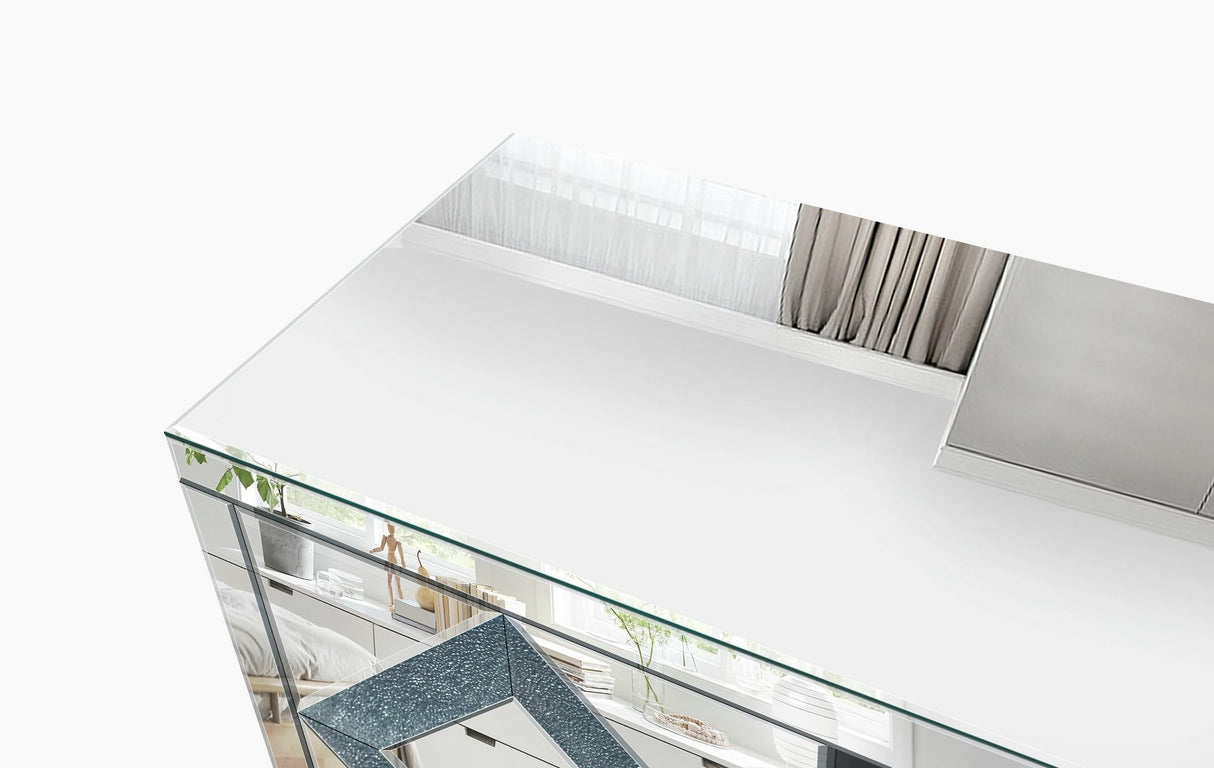 RuiSiSi Mirrored Glass TV Stand with Open Storage & 2 Storage Cabinets, TV Console Table for 65+ Inch TV, Entertainment Center with Diamond Shape Sparkling Mirror Doors, for Living Room, Sliver RuiSiSi