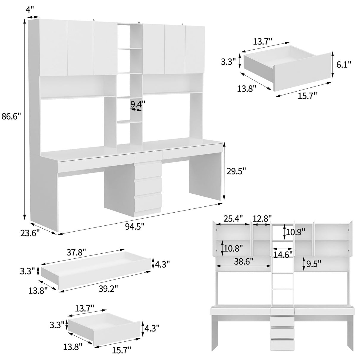 MOUMON Double Office Desk with Drawers and Shelves, Home Office Desk with Doors and Shelves, Double Computer Desk Workstation for Office White (94.5”W x 23.6”D x 86.6”H) MOUMON