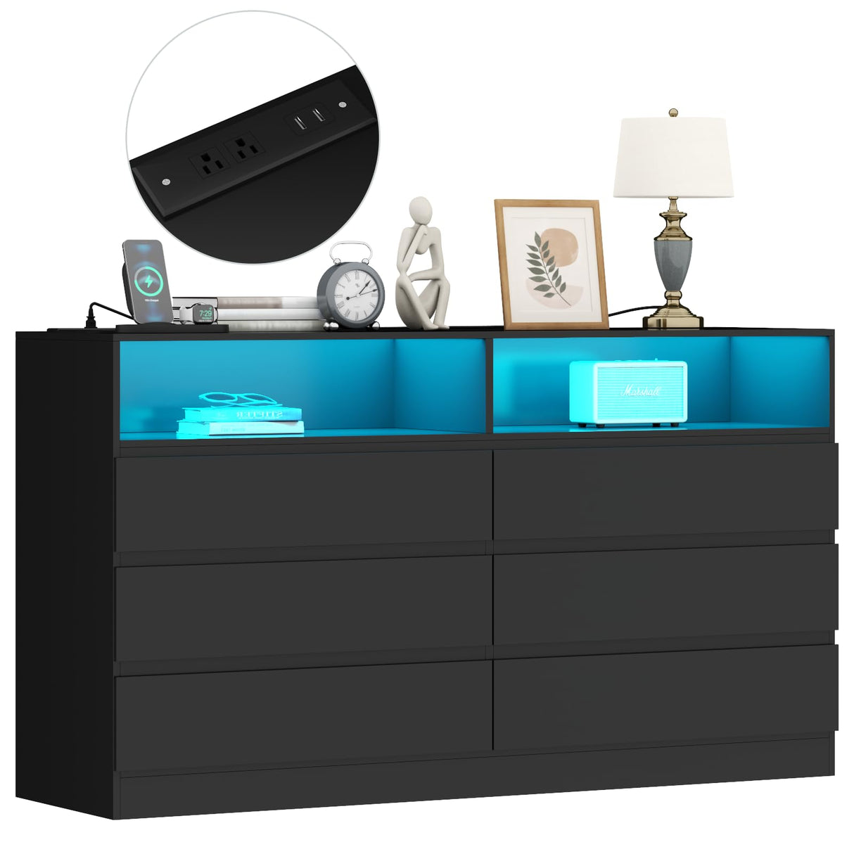 Gyfimoie 6 Drawers Dresser with Power Outlet, Black Chests of Drawers with LED Light, Modern Storage Dresser for Bedroom, Living Room Gyfimoie