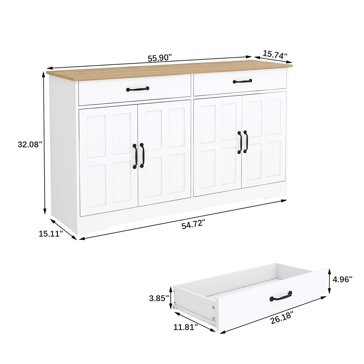 Sideboard Buffet Cabinet with Storage, 55" Large Kitchen Storage Cabinet with 2 Drawers and 4 Doors, Wood Coffee Bar Cabinet Buffet Table Console Cabinet for Kitchen Dining Room, White Locsear