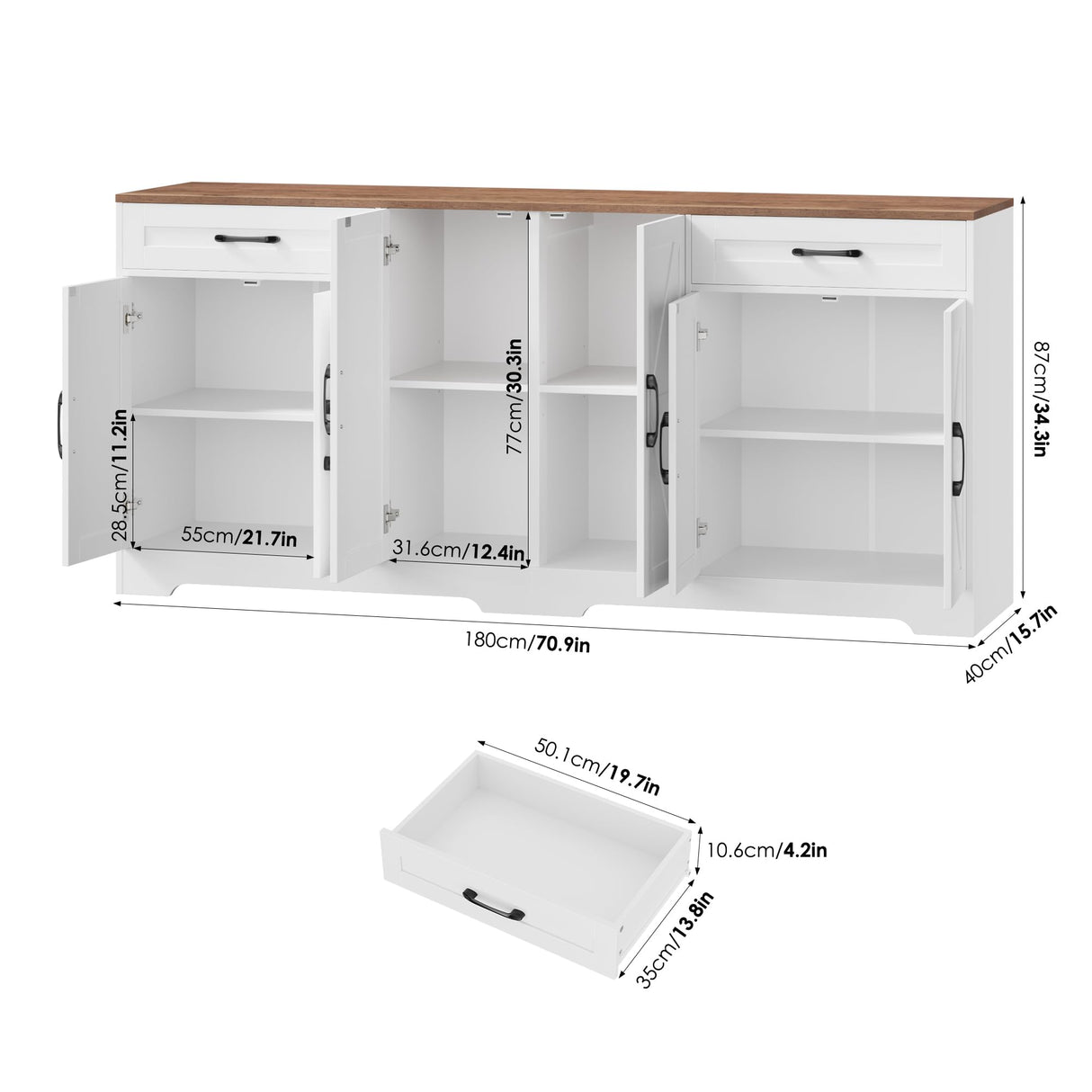 BOTLOG 71” Large Sideboard Buffet Cabinet with Storage, Farmhouse Kitchen Buffet Cabinet with Adjustable Shelves and 6 Barn Doors, Wood Coffee Wine Bar Console Table for Kitchen, Dining Room, White BOTLOG