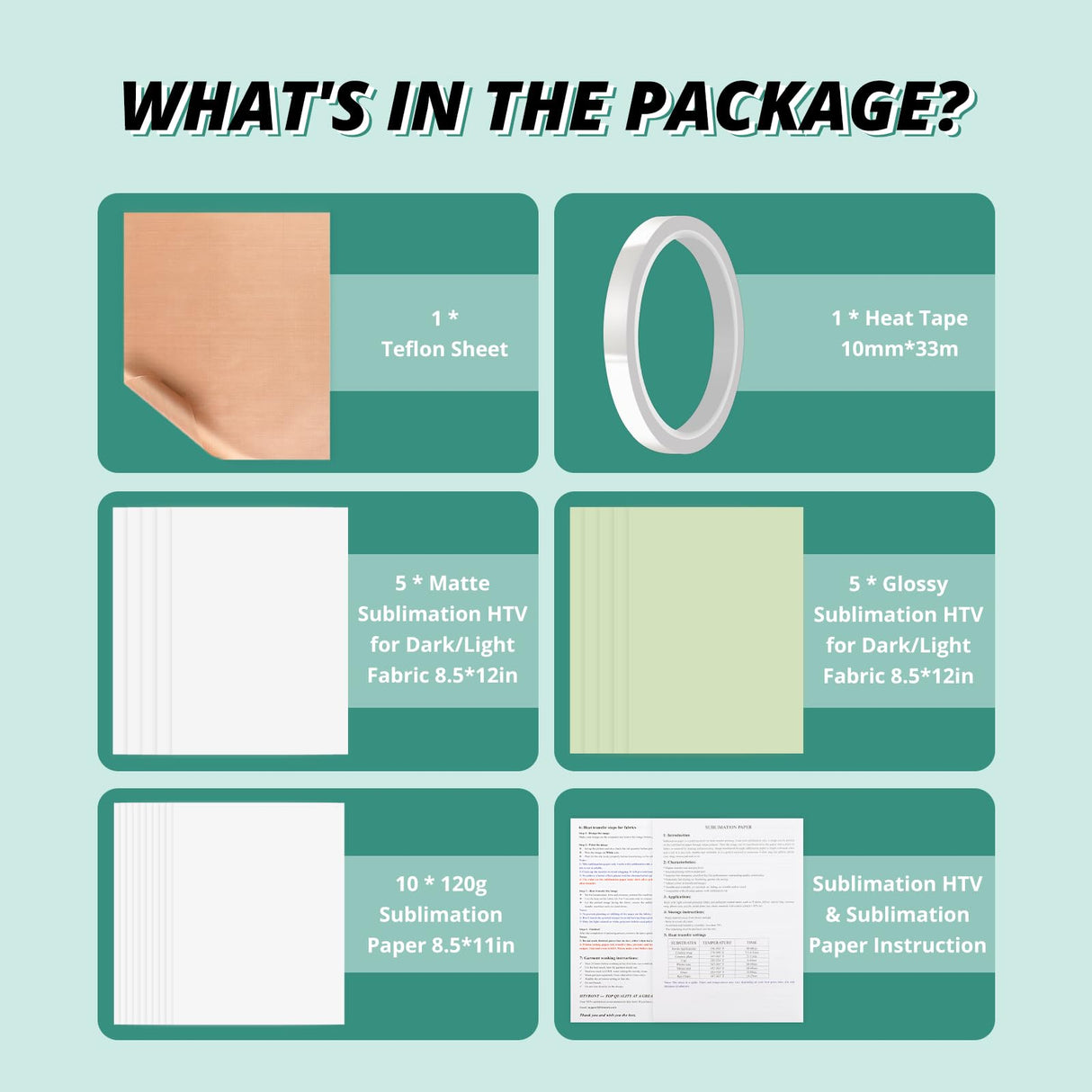 HTVRONT Sublimation HTV Kit - Sublimation HTV for Dark/Light Fabric, Heat Press Starter Kit for Sublimation Shirt/Bag/Hat, Include Sublimation Paper & Heat Resistant Tape & Teflon Sheet for Heat Press HTVRONT