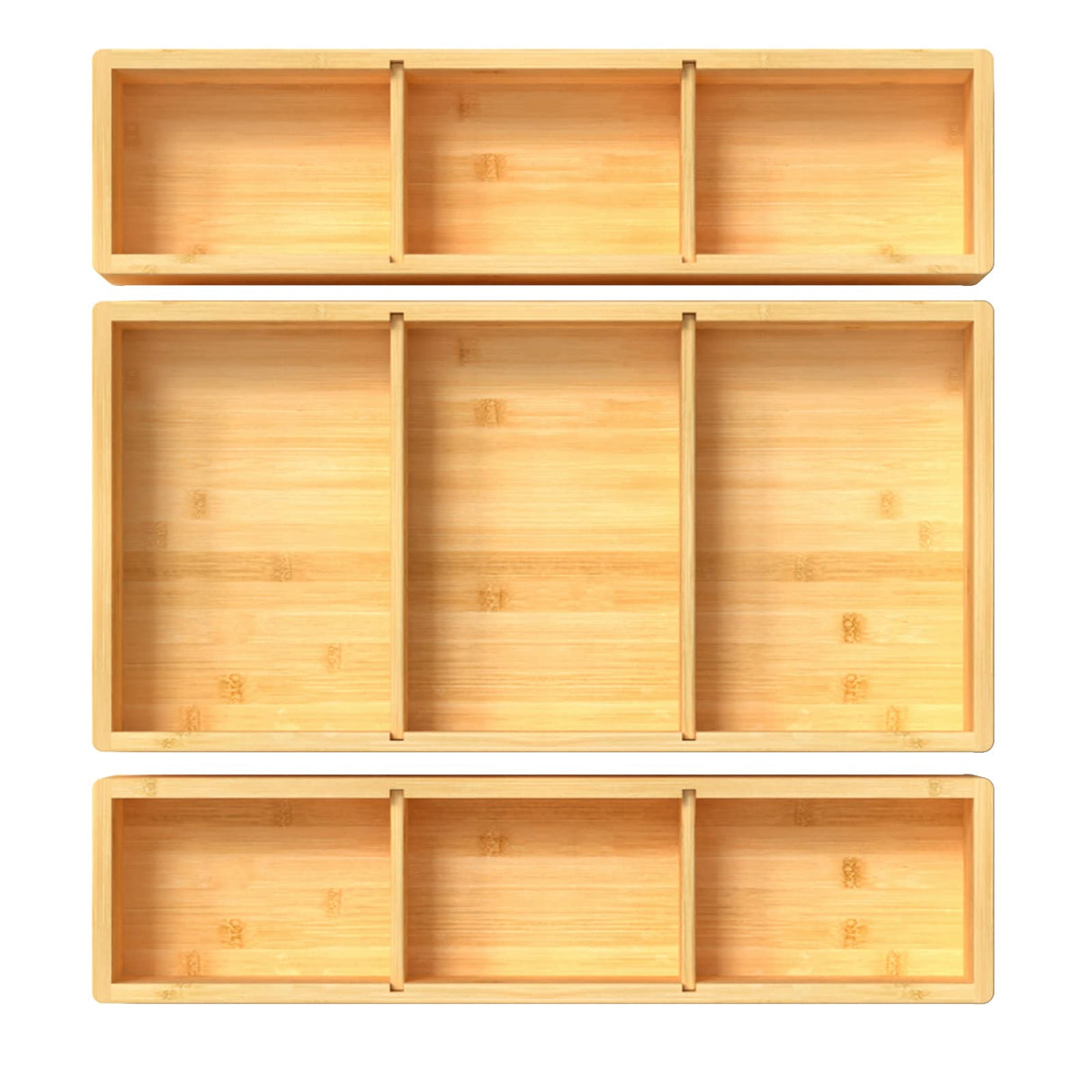 Bamboo Drawer Organizer 12.5'' X 12.5'' X 2'', Adjustable 3 Individual Junk Drawer organizer for Bathroom and Kitchen, Wood Drawer Organier Boxes for Jewellery, Make up and Tea Bag DUJEN