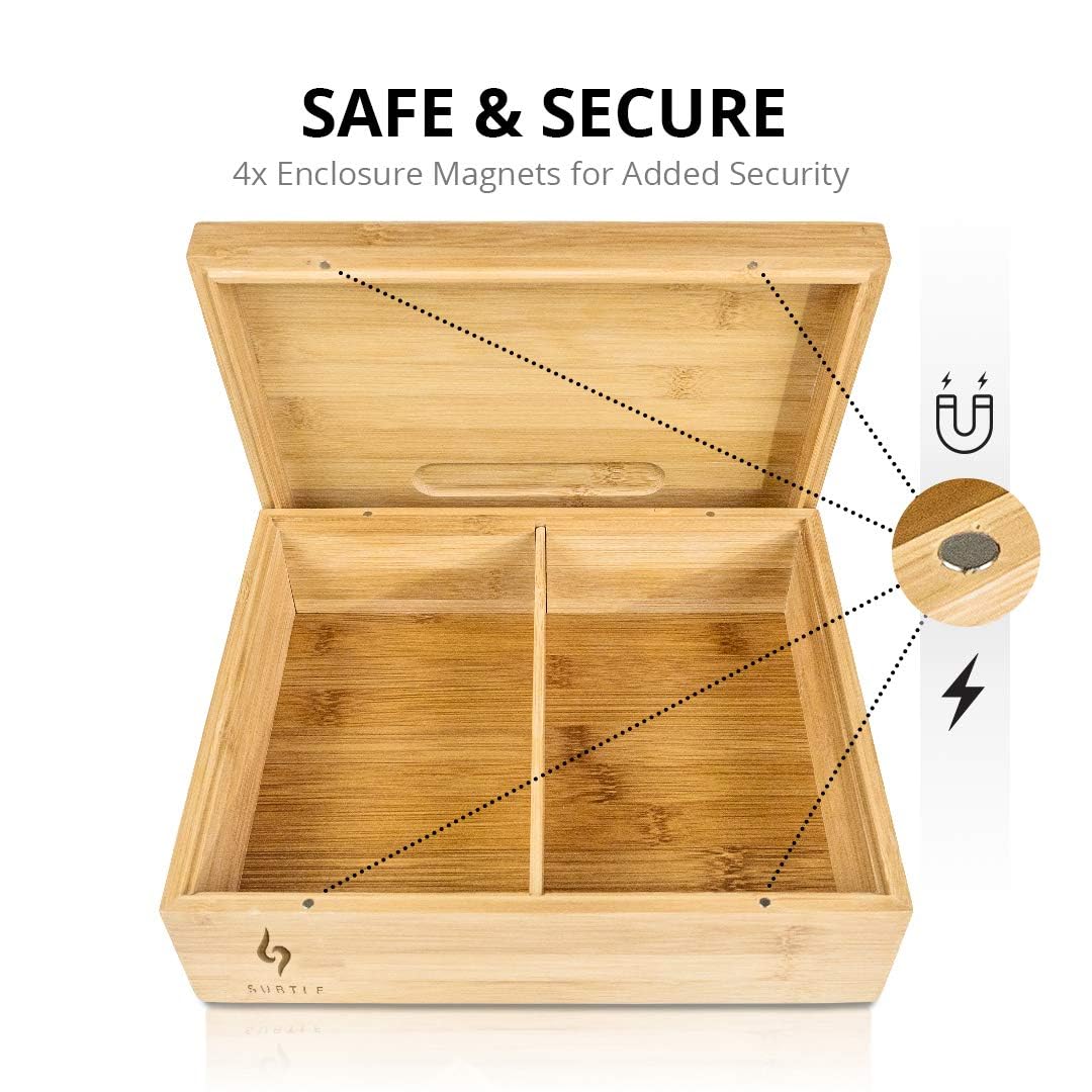 Large Bamboo Stash Box w/Ample Storage Space to Organize Herb Accessories - Comes with Convertible Rolling Tray Lid - (10" x 8" x 3.5") Subtle