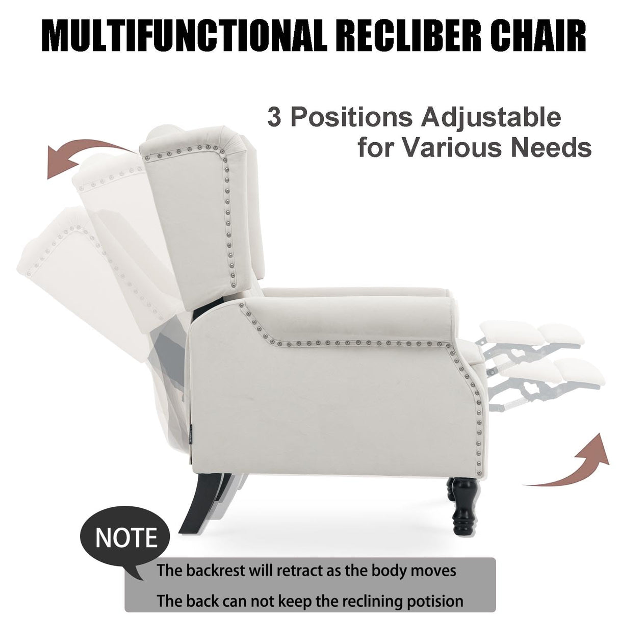 Altrobene Velvet Accent Chair, Push Back Recliner Chair, Wingback Arm Chair for Living Room/Bedroom/Home Theater/Reception Area, Light Beige Altrobene