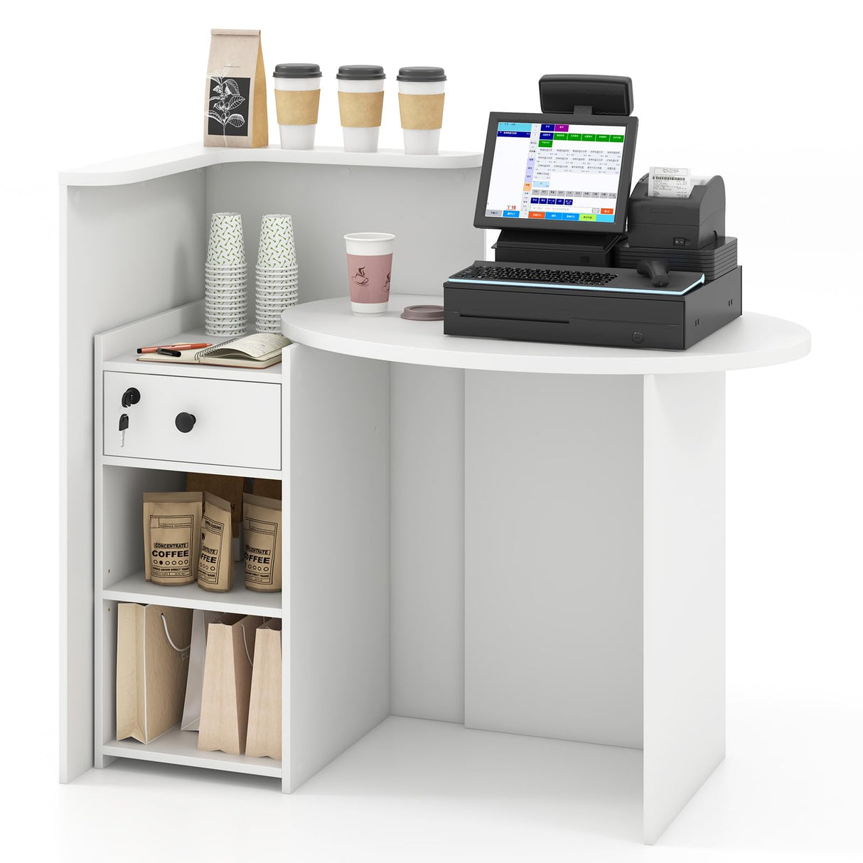 Giantex Reception Desk, Front Counter Desk with Lockable Drawer, Checkout Table with Round Tabletop, Corner Shelf & Adjustable Shelf for Office Beauty Salon Retail Store (White) Giantex