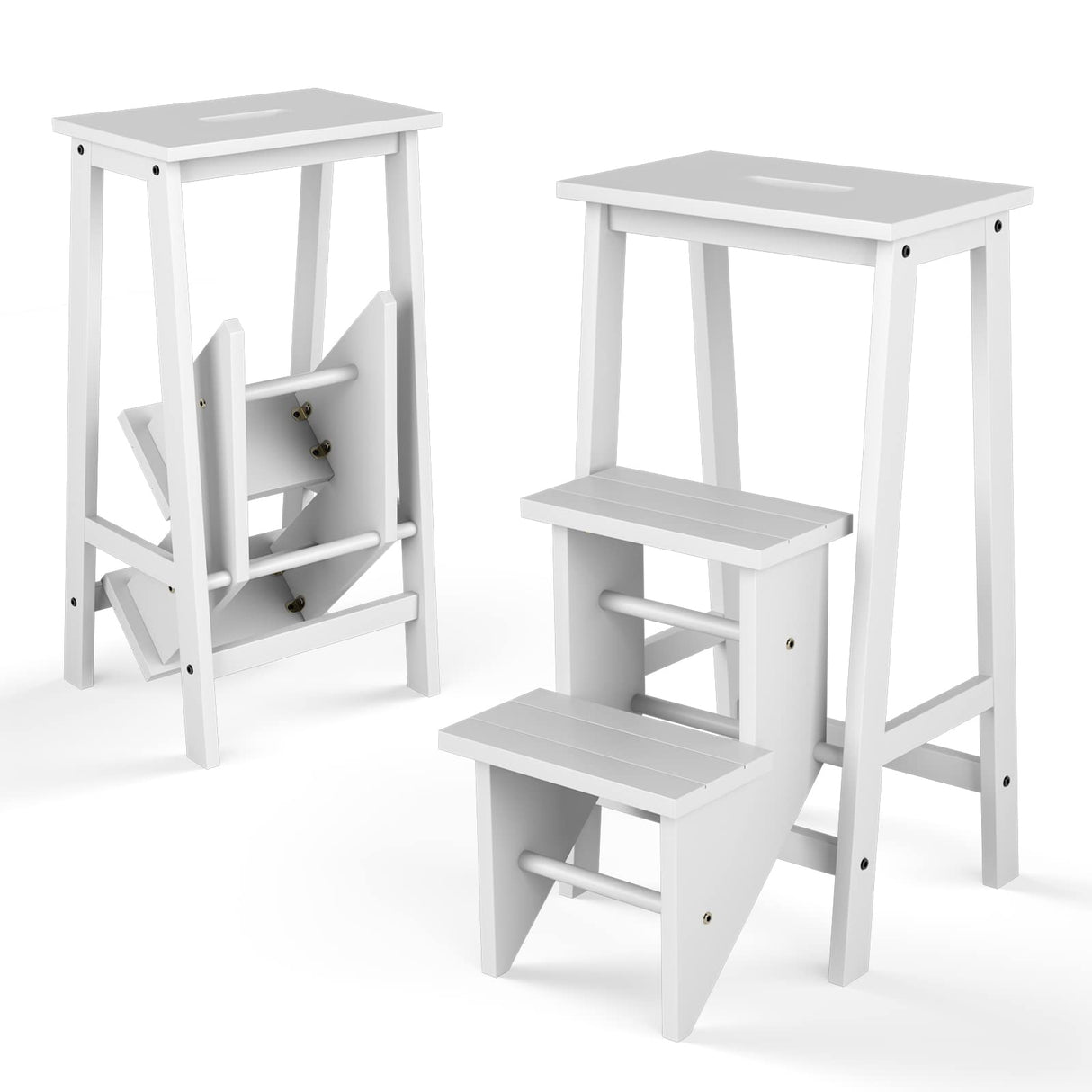 Giantex 3 Tier Folding Step Ladder, Multifunction 3-in-1 Wood Step Stool, Display Ladder and Storage Shelf for Library, Home Kitchen, Household Work, White Giantex