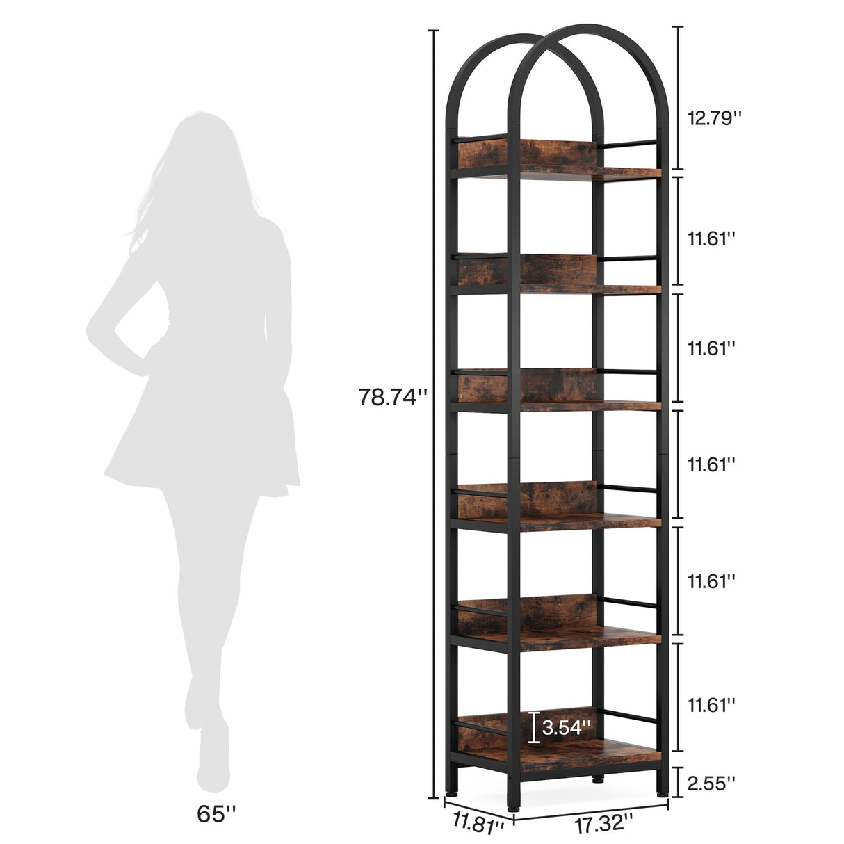 78.7" Industrial Wood 6-Tier Arched Bookshelf with Metal Frame in Rustic Brown Tribesigns