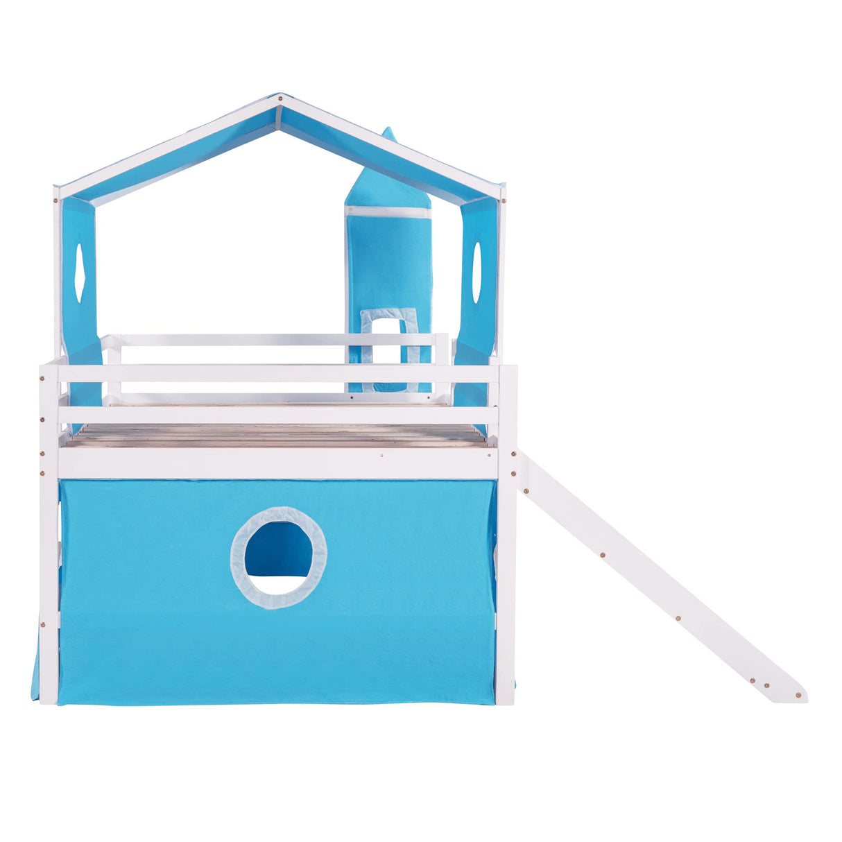 Harper & Bright Designs Blue Full Size Loft Bed with Slide, Curtains, and Tower - Solid Wood Low Loft Frame for Kids Harper & Bright Designs
