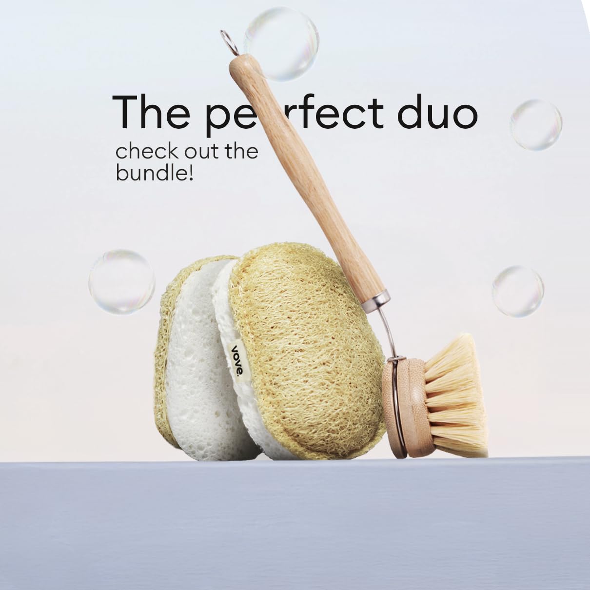 Vove | Bamboo Dish Brush | Long Lasting Brush with 3 Replacement Heads | Natural Bristle | Eco-Friendly | Wooden Dish Brush for Washing and Cleaning Pot Pan Dish Bowl | Vove