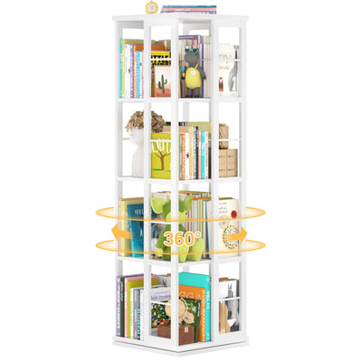 Aheaplus 360° Rotating Corner Bookshelf - Space-Saving Wood Bookcase for Small Spaces, White