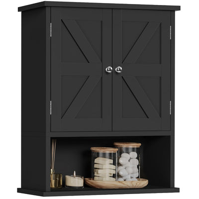 TEENFON Bathroom Wall Cabinet, Over The Toilet Space Saver Storage Cabinet with Barn Doors & Adjustable Shelf, Hanging Medicine Cabinet, Black