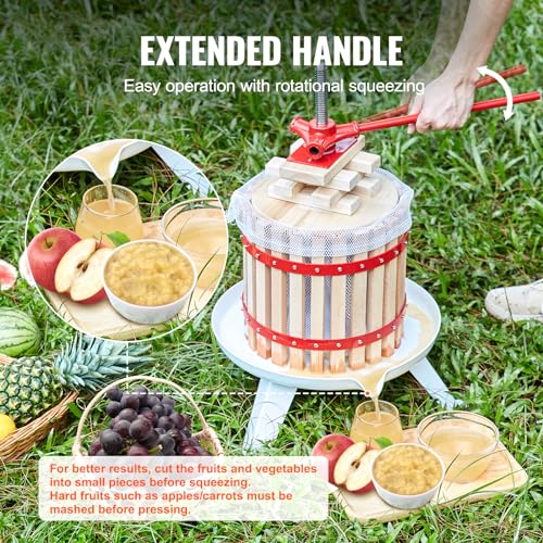 VEVOR Fruit Wine Press, 3.2 Gallon/12L, Solid Wood Basket with 6 Blocks, Manual Juice Maker, Cider Apple Grape Tincture Vegetables Honey Olive Oil Making Press with Pole Handle Bar for Kitchen, Home VEVOR