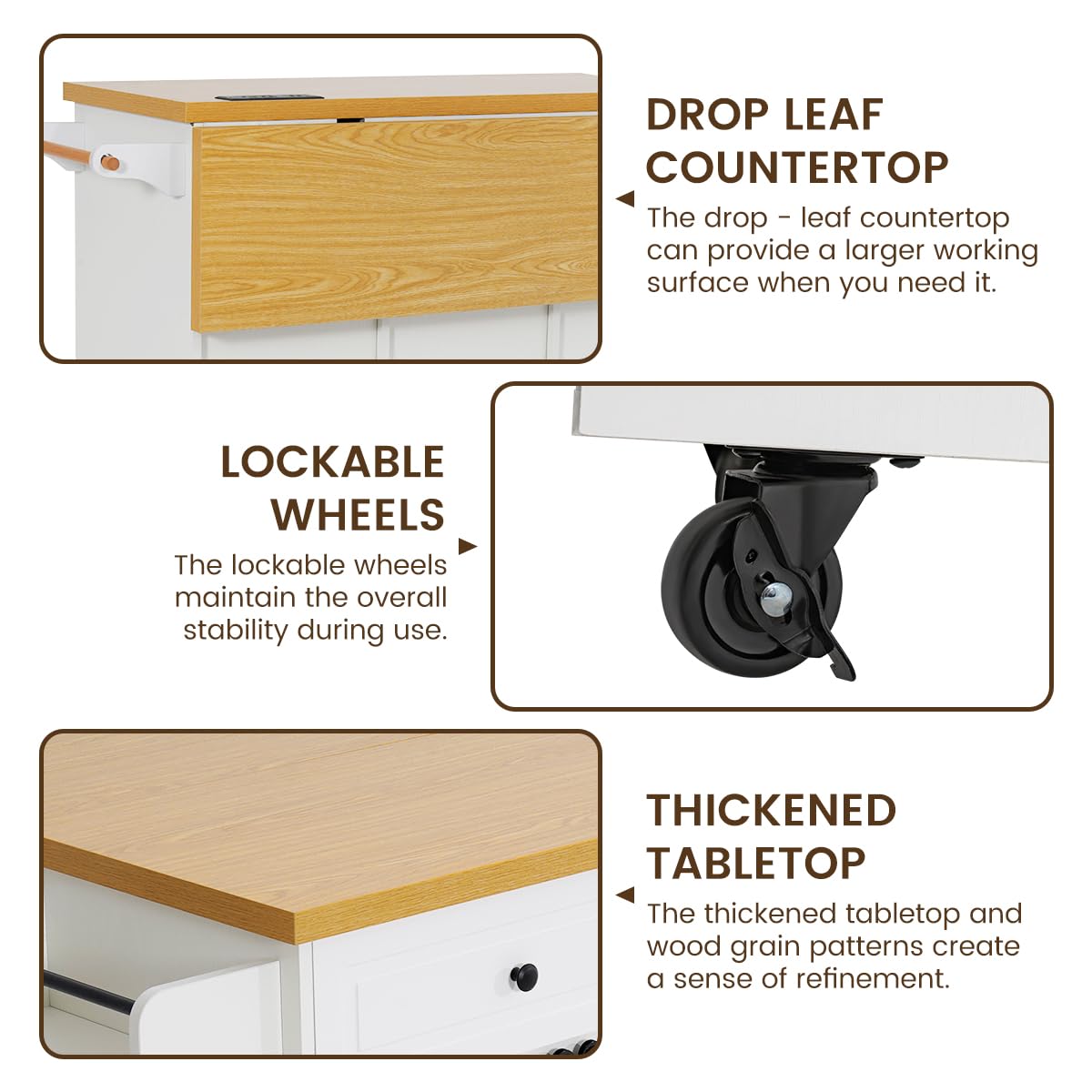 COCO DESIGN Rolling Kitchen Island Cart with Wheels, 54" Portable Trolley Island with Drop Leaf Countertop, Sliding Barn Door, Power Outlet, Spice Rack, Towel Rack and Drawers, Minimalist White COCO DESIGN