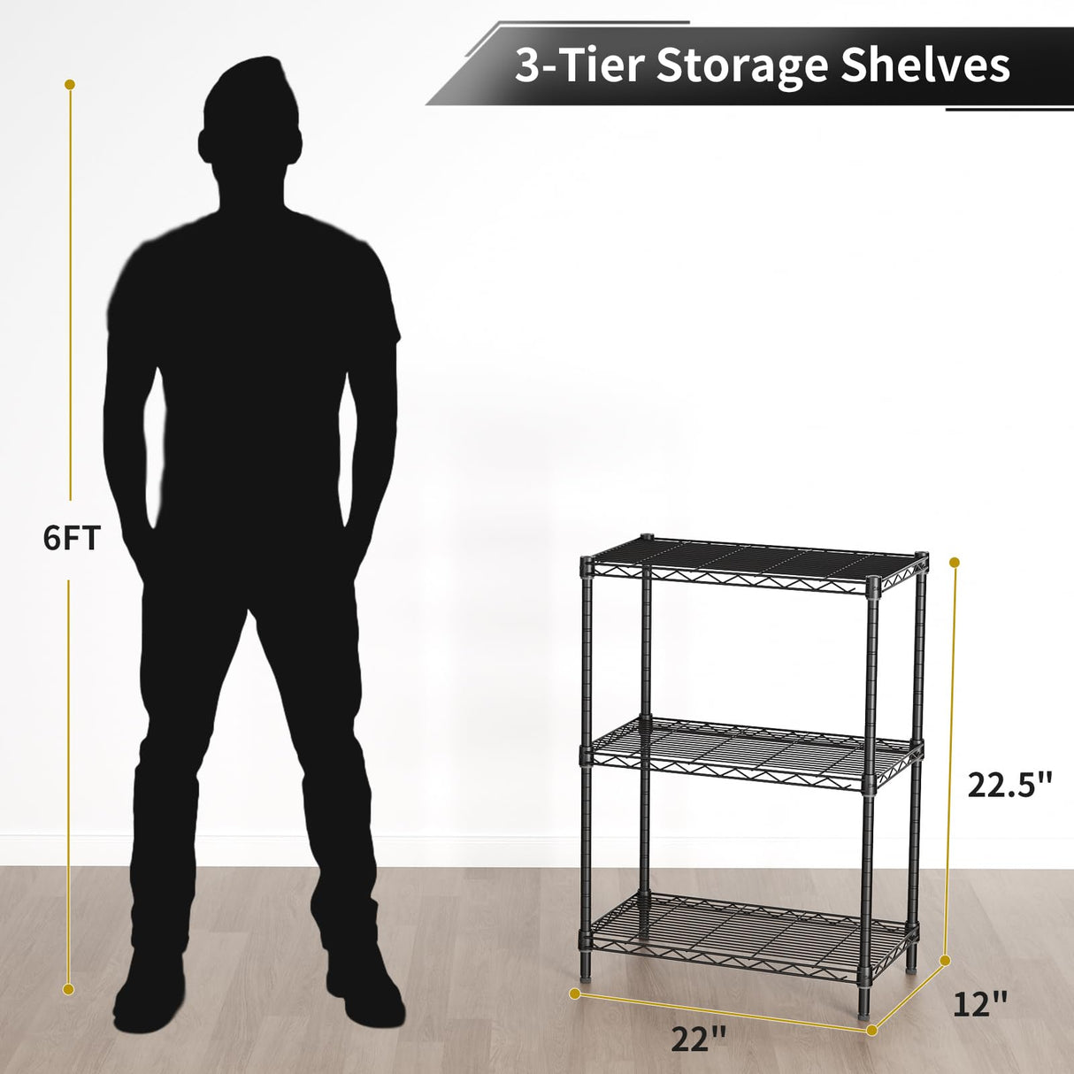 Golpart 3 Tier Adjustable Storage Shelves,Heavy Duty Metal Utility Shelf 450LBS Capacity,Wire Shelving Unit Organizer Rack for Home,Kitchen,Office,Bathroom,Pantry Room,12" D x 22" W x 22.5" H,Black Golpart