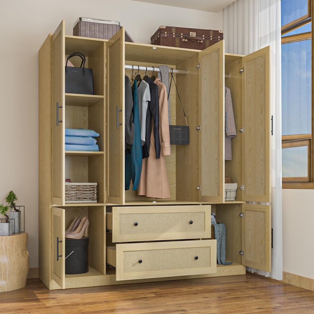 Hitow Ratten Wardrobe Armoire Closet, 6 Door Rattan Closet Wardrobe Cabinet with 2 Drawers & Hanging Rod, Storage Wardrobe Armoire Dresser for Bedroom Organizer (63" W x 19.7" D x 70.9" H) Hitow