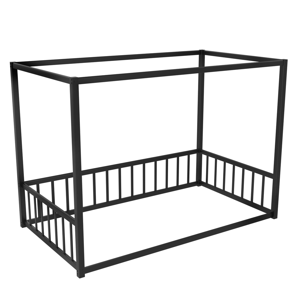 Twin Size Canopy Bed Frame with 4 Posters and Guardrails, Twin Size Montessori Floor Bed with High Fence, Anti Bump Design, Easy Assemble, Metal Montessori Bed Black Bellemave