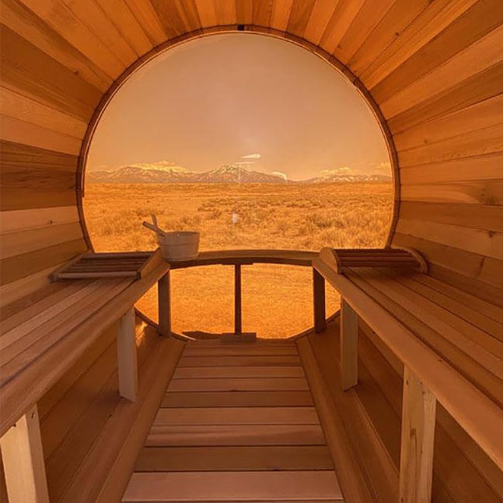 iDOTODO Outdoor Wooden Panoramic Barrel Sauna, 6-8 Person Sauna Room, 6kw Harvia Electric Heater with Sauna Stone, Sauna Accessories and Asphalt Shingle Roof (Red Ceder) iDOTODO