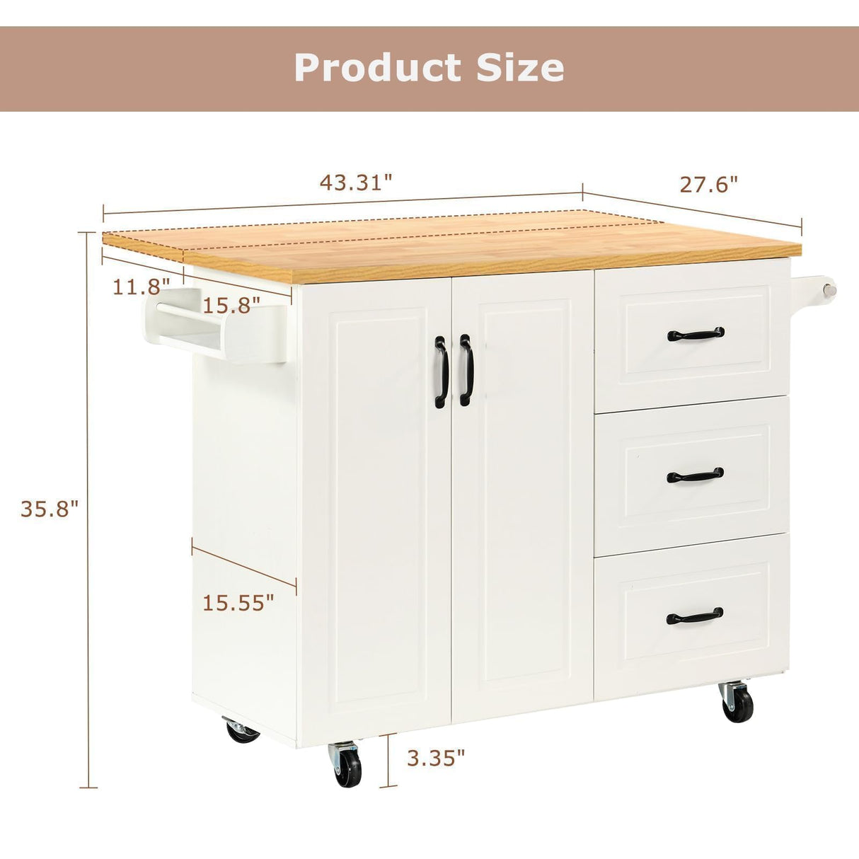 4 EVER WINNER Kitchen Island Cart on Wheels with Storage and Drop Leaf, 43" Rolling Kitchen Cart with Spice Rack & Towel Rack & 3 Drawers, White 4 EVER WINNER