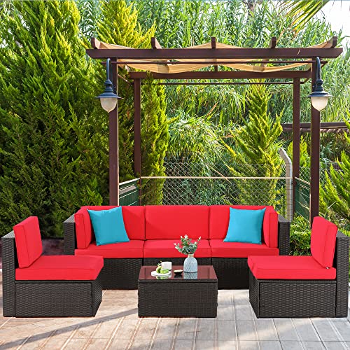 Shintenchi 6 Pieces Patio Furniture Sets Outdoor All-Weather Sectional Patio Sofa Set PE Rattan Manual Weaving Wicker Patio Conversation Set with Glass Table & Ottoman Cushion and Red Pillows, Red Shintenchi