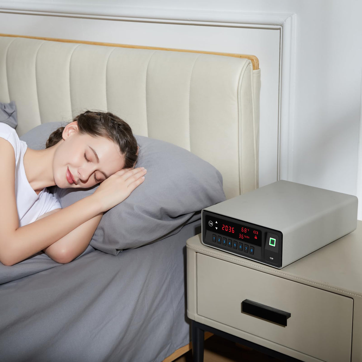 QINGENO Smart Gun Safe with Security Cable - Biometric Pistol Safe for 2 Handgun 3 Ways Quick Access with Fingerprint/Keypad/Key, for Nightstand Bedside Home with LCD and Voice Guide (Grey) QINGENO