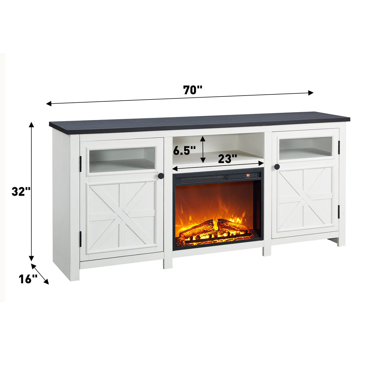JXQTLINGMU Fireplace TV Stand for 80 Inch TV, Farmhouse Highboy Entertainment Center w/23'' Electric Fireplace & Cross Barn Door, Large TV Console for TVs Up to 80", 70 inches, White JXQTLINGMU
