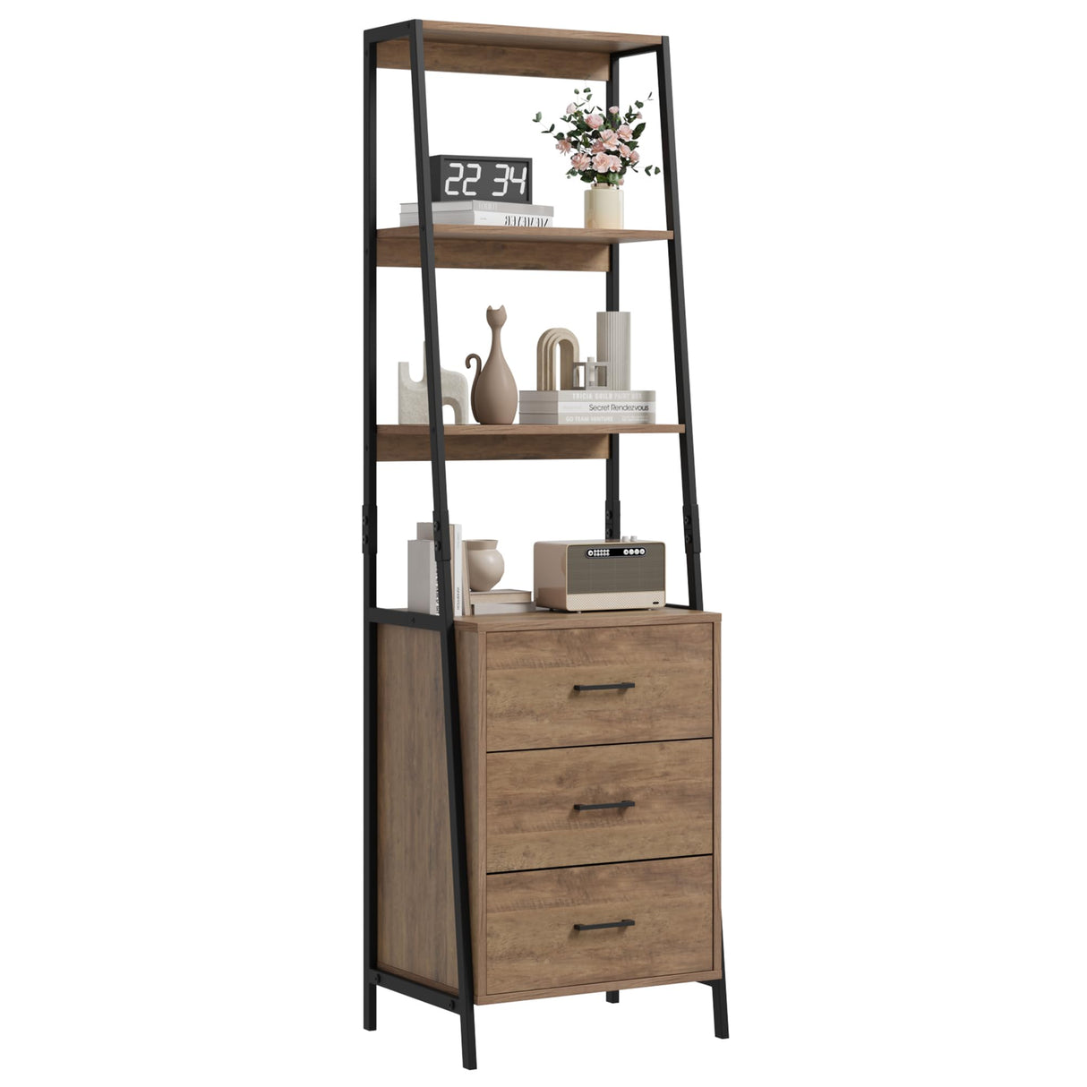 BOTLOG Industrial Ladder Bookshelf with 3 Fabric Storage Drawers, 4-Tier Bookcase, Display Standing Shelf Unit Storage Organizer for Living Room, Entryway, Office, Rustic Brown BOTLOG