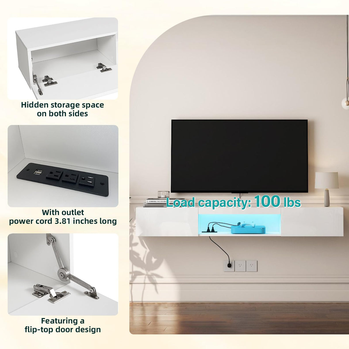 Floating TV Stand Shelf for TVs up to 80 Inch, Floating TV Cabinet with LED Light, Modern Wall Mounted Media Console Shelf with Power Outlets, Entertainment Center for Under TV Storage, White Msutree