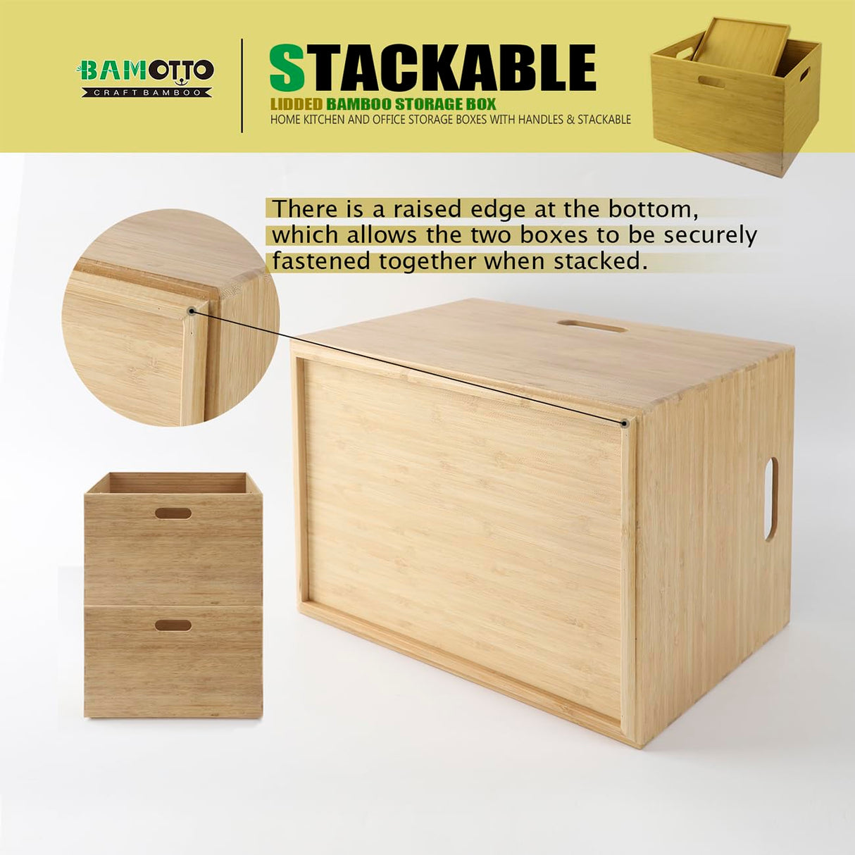 BAMOTTO Lidded Bamboo Storage Bins & Box/Cube/Basket, Home Kitchen and Office Storage Boxes with Handles & Stackable for Organizer Tableware, Crafts, Office Shelf Books, Large, 14.6”x10.2”x9.6” BAMOTTO CRAFTBAMBOO