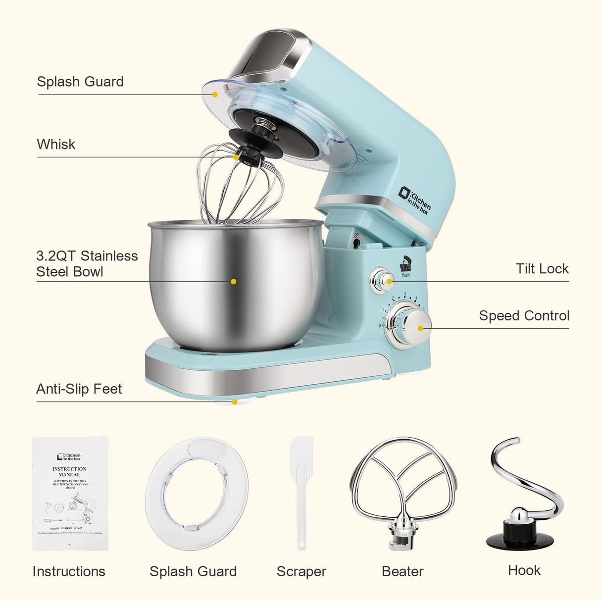 Kitchen in the box Stand Mixer,3.2Qt Small Electric Food Mixer,6 Speeds Portable Lightweight Kitchen Mixer for Daily Use with Egg Whisk,Dough Hook,Flat Beater (Blue) Kitchen in the box