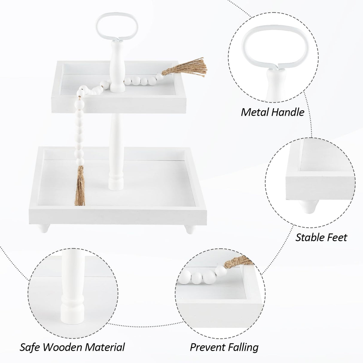 Rustic Wooden 2 Tiered Tray with Bead Garland, SYNCVIBE Square Farmhouse Style Decorative Trays Stand, Wood Serving Tray for Coffee Food Fruits Cupcakes, Home Decor Holiday Housewarming Gifts SYNCVIBE